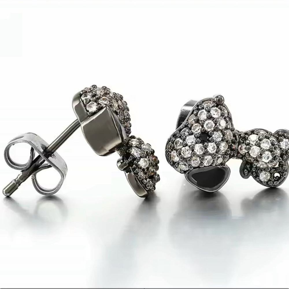 18K Black Gun Metal Gold (Rhodium) Snoopy Peanuts Theme Pave Inlay Earrings - Picture 2 of 6